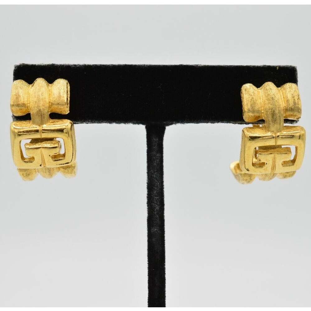 Givenchy Vintage Logo Clip On Earrings GG Brushed Gold Hoop 80s Signed AS IS 9D
